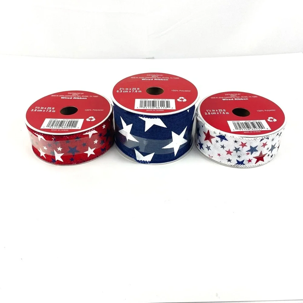 NEW Celebrate It Wired Ribbon Patriotic Stars 4th of July 3 Spools 25 Ft Each